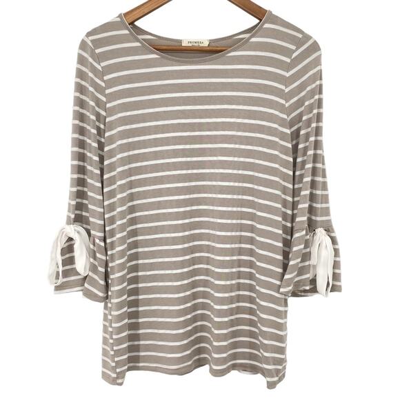 PROMESA Striped Bow Tie Bell Sleeve Top Gray White Size Medium - Picture 1 of 7